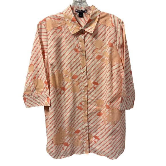 Roamans Sz 14W Button-Down Shirt 3/4 Sleeve Floral/Stripe Pattern Peach & White - Picture 7 of 12